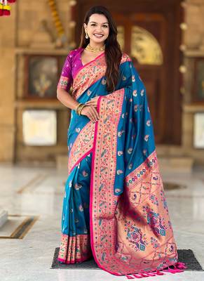 Designer blue zari weaving work paithani silk saree 1