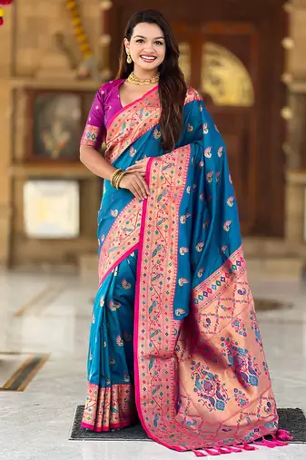 Designer blue zari weaving work paithani silk saree