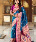 Designer blue zari weaving work paithani silk saree