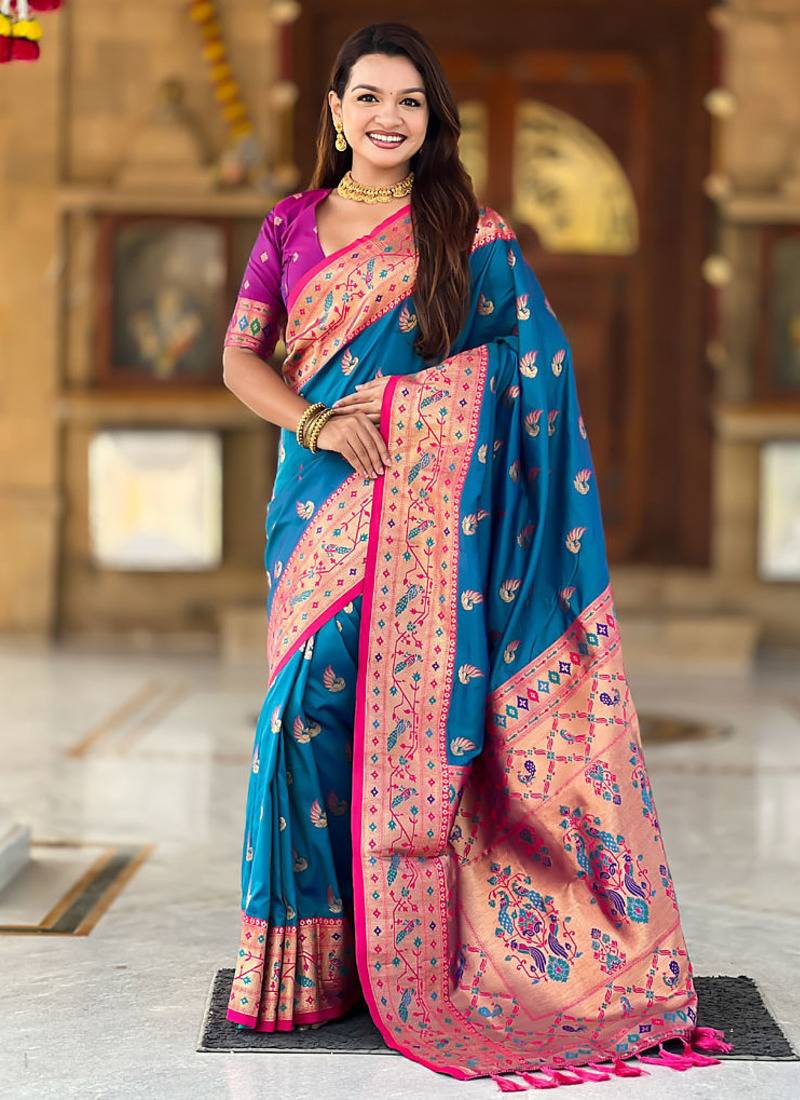 Designer blue zari weaving work paithani silk saree