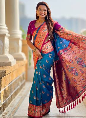 Designer blue zari weaving work paithani silk saree 2