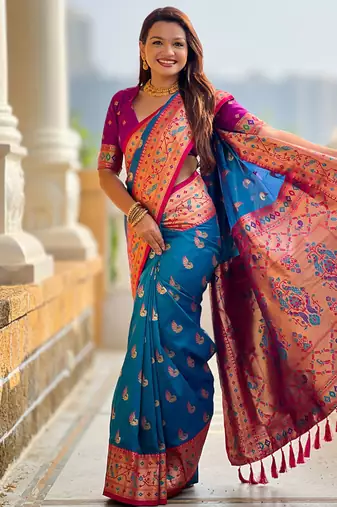Designer blue zari weaving work paithani silk saree