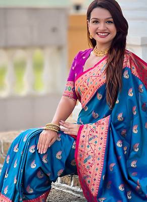 Designer blue zari weaving work paithani silk saree 3