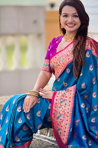 Designer blue zari weaving work paithani silk saree