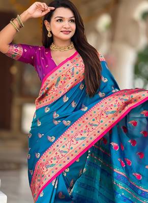 Designer blue zari weaving work paithani silk saree 4