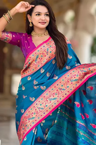 Designer blue zari weaving work paithani silk saree