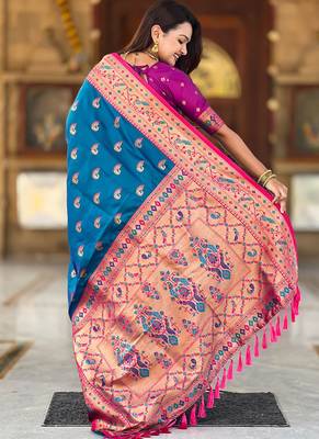 Designer blue zari weaving work paithani silk saree 5