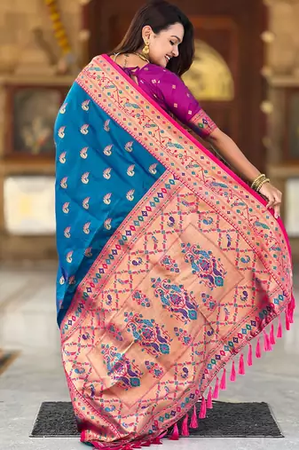 Designer blue zari weaving work paithani silk saree