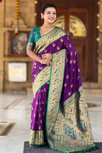 Designer purple zari weaving work paithani silk saree