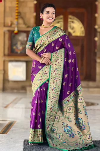 Designer purple zari weaving work paithani silk saree