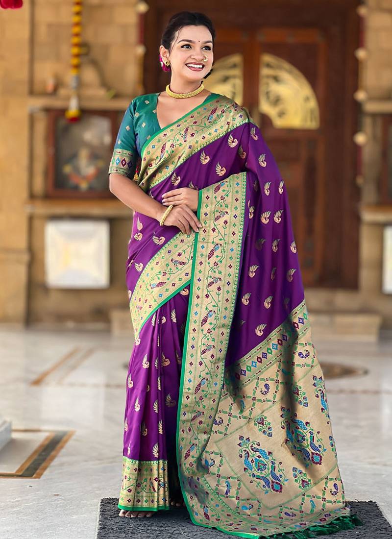 Designer purple zari weaving work paithani silk saree