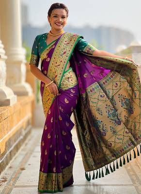 Designer purple zari weaving work paithani silk saree 2