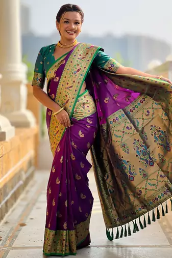 Designer purple zari weaving work paithani silk saree