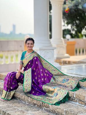 Designer purple zari weaving work paithani silk saree 3