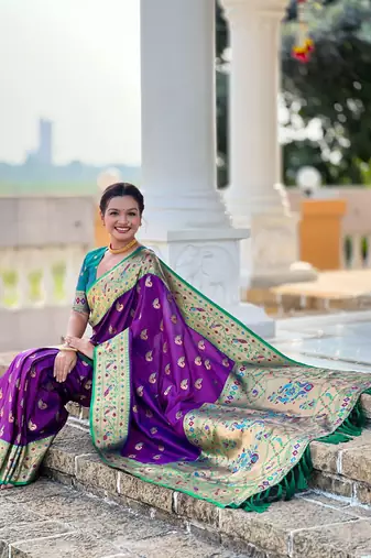 Designer purple zari weaving work paithani silk saree