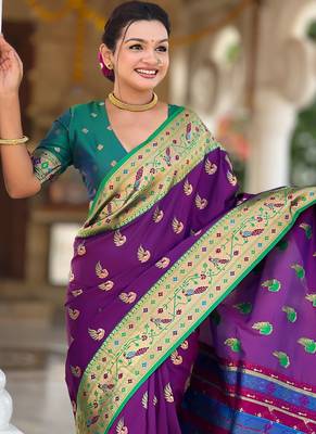 Designer purple zari weaving work paithani silk saree 4