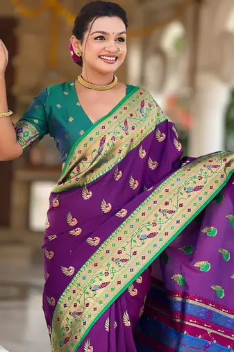 Designer purple zari weaving work paithani silk saree