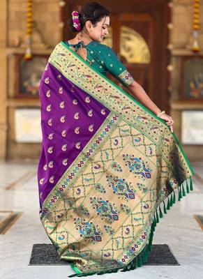 Designer purple zari weaving work paithani silk saree 5