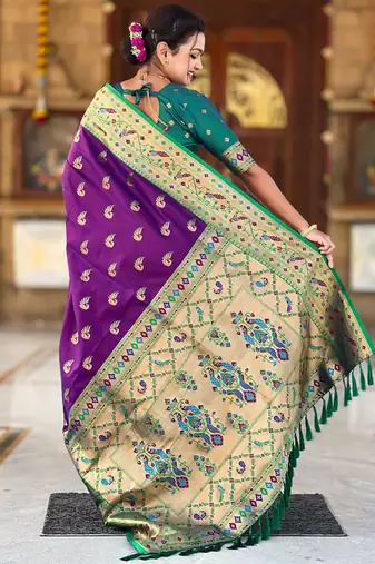 Designer purple zari weaving work paithani silk saree