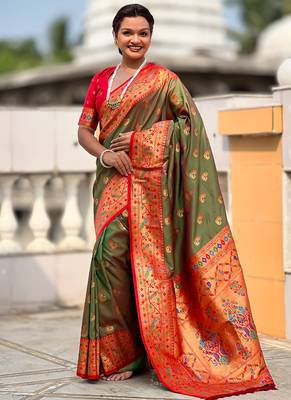Designer mehendi green zari weaving work paithani silk saree 1
