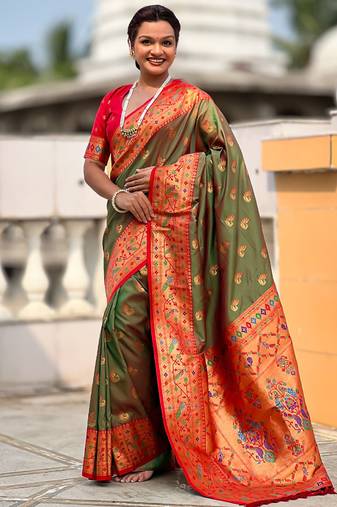 Designer mehendi green zari weaving work paithani silk saree