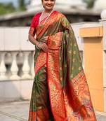Designer mehendi green zari weaving work paithani silk saree