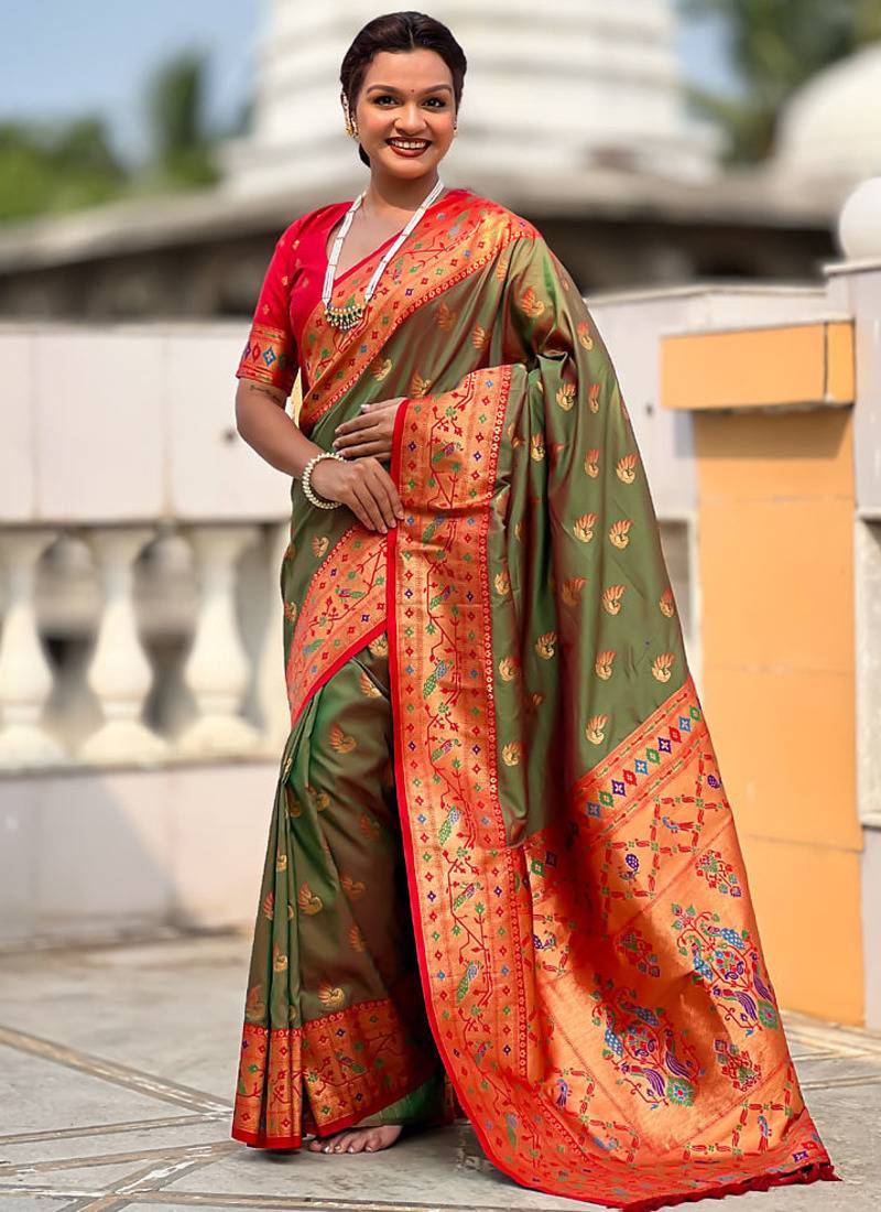 Designer mehendi green zari weaving work paithani silk saree