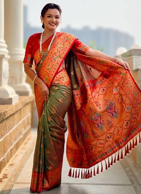 Designer mehendi green zari weaving work paithani silk saree 2