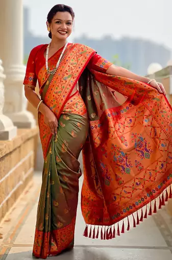 Designer mehendi green zari weaving work paithani silk saree