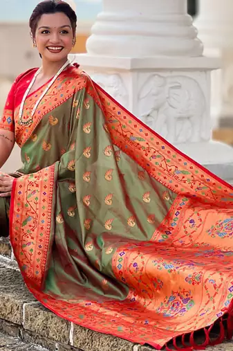 Designer mehendi green zari weaving work paithani silk saree