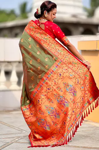 Designer mehendi green zari weaving work paithani silk saree