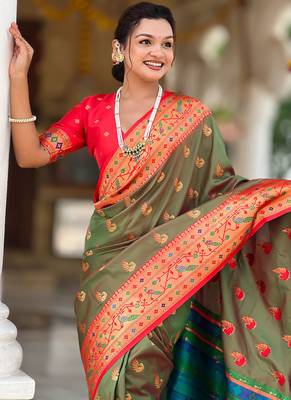 Designer mehendi green zari weaving work paithani silk saree 5