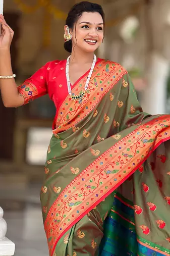Designer mehendi green zari weaving work paithani silk saree