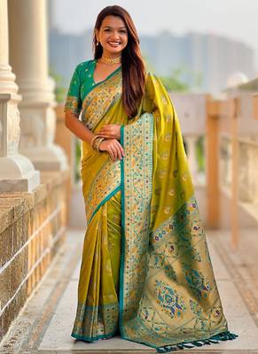 Designer lemon green zari weaving work paithani silk saree 1