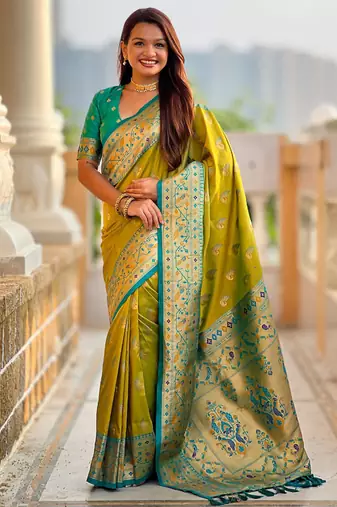 Designer lemon green zari weaving work paithani silk saree