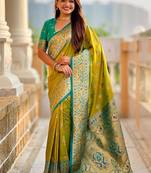 Designer lemon green zari weaving work paithani silk saree
