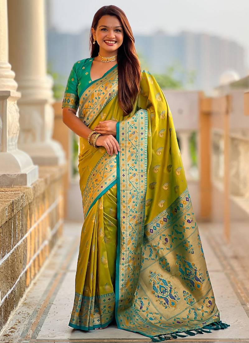 Designer lemon green zari weaving work paithani silk saree