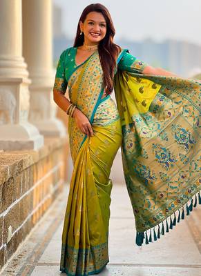 Designer lemon green zari weaving work paithani silk saree 2
