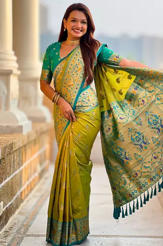 Designer lemon green zari weaving work paithani silk saree
