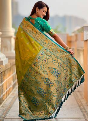Designer lemon green zari weaving work paithani silk saree 3