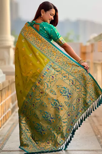 Designer lemon green zari weaving work paithani silk saree