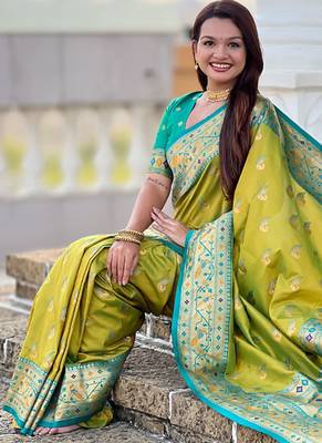 Designer lemon green zari weaving work paithani silk saree 4