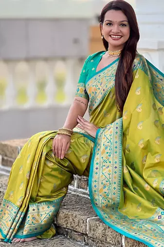 Designer lemon green zari weaving work paithani silk saree