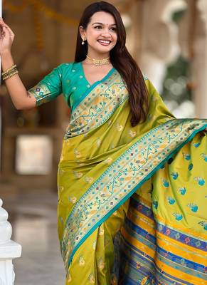 Designer lemon green zari weaving work paithani silk saree 5
