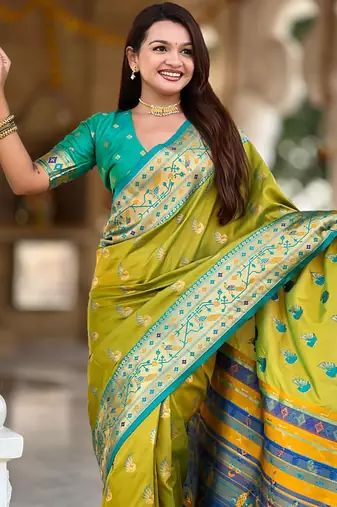 Designer lemon green zari weaving work paithani silk saree