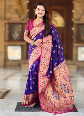 Designer blue zari weaving work paithani silk saree 1
