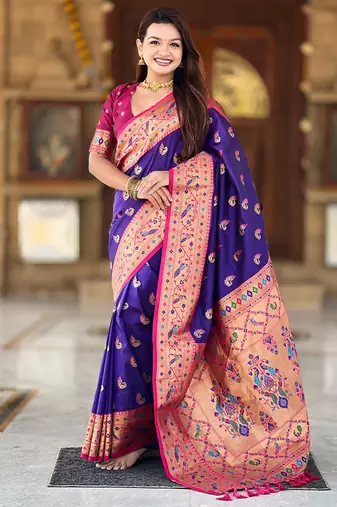 Designer blue zari weaving work paithani silk saree