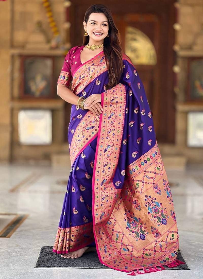 Designer blue zari weaving work paithani silk saree