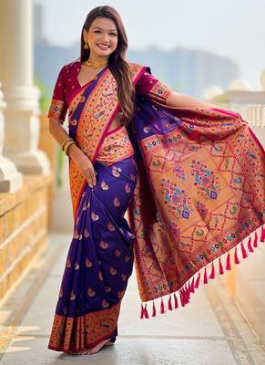Designer blue zari weaving work paithani silk saree 2