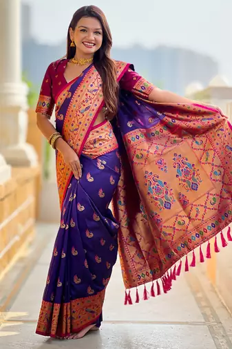 Designer blue zari weaving work paithani silk saree